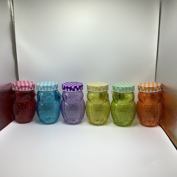 206242-6GB Owl Colors 6 Pc Glass Jar Set Canister with Airtight Metal Lids 16 oz - Picture 1 of 8